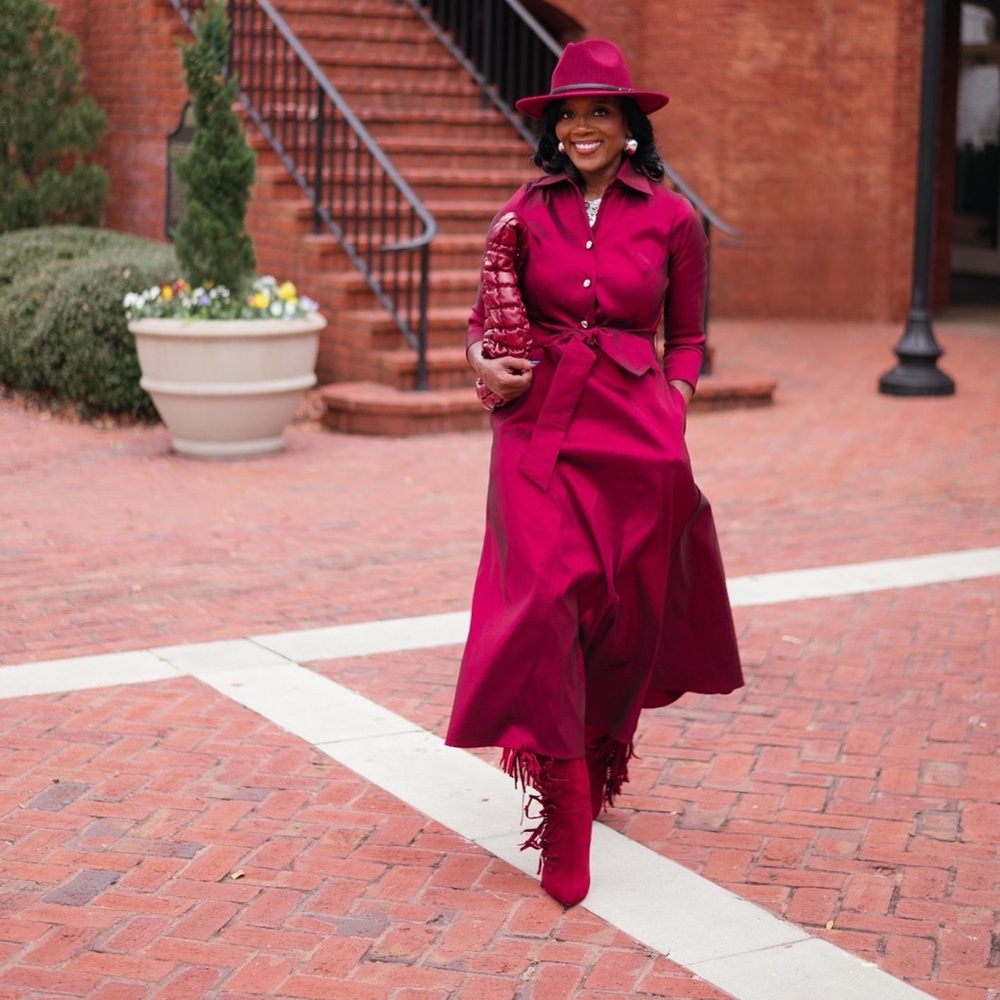 Boston Proper - Three-Quarter Sleeve Button-Up Shirt Midi Dress Wine